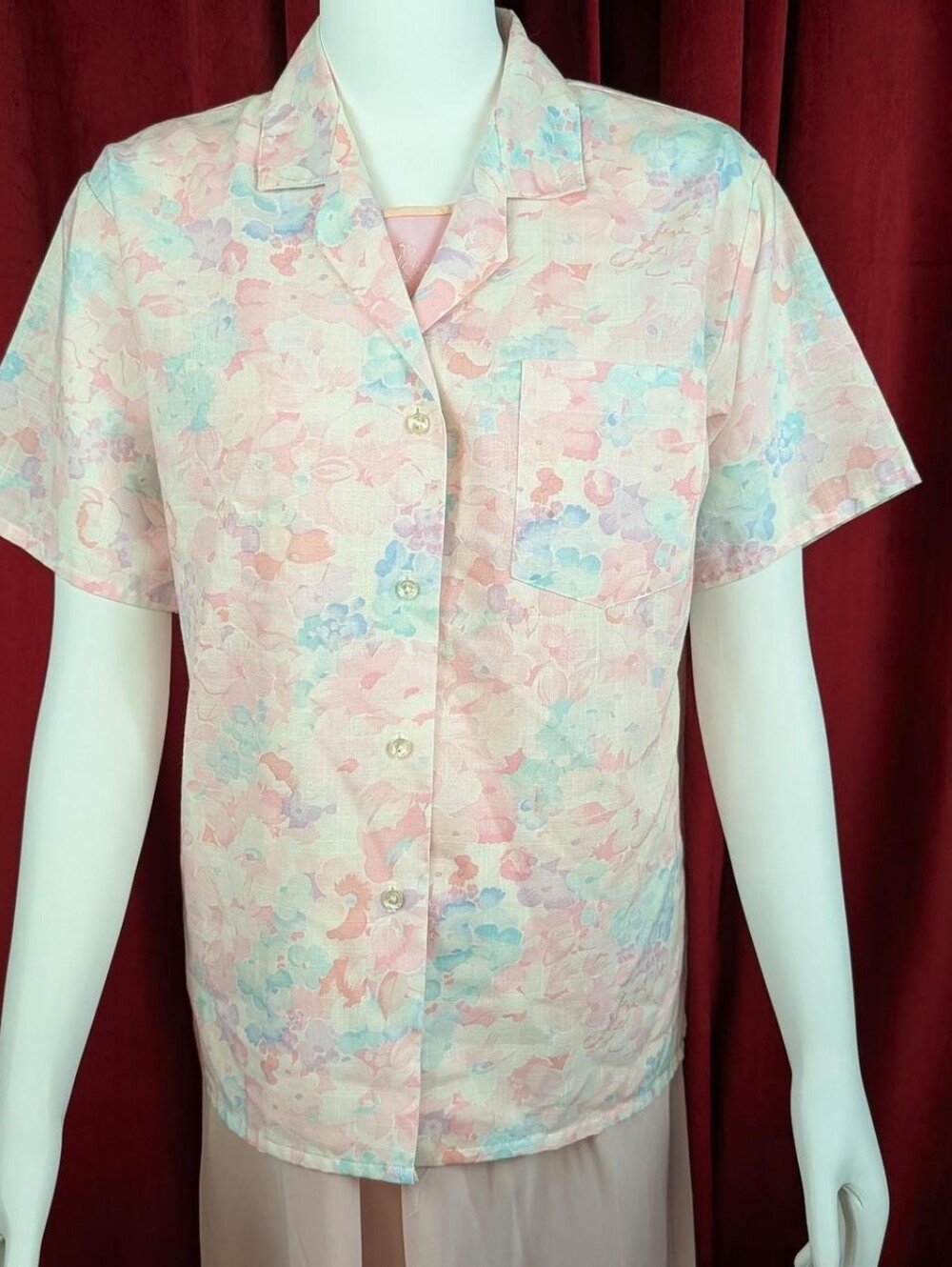 Vintage 80's Harrington Square Pastel Pink, Blue, & White Floral Blouse